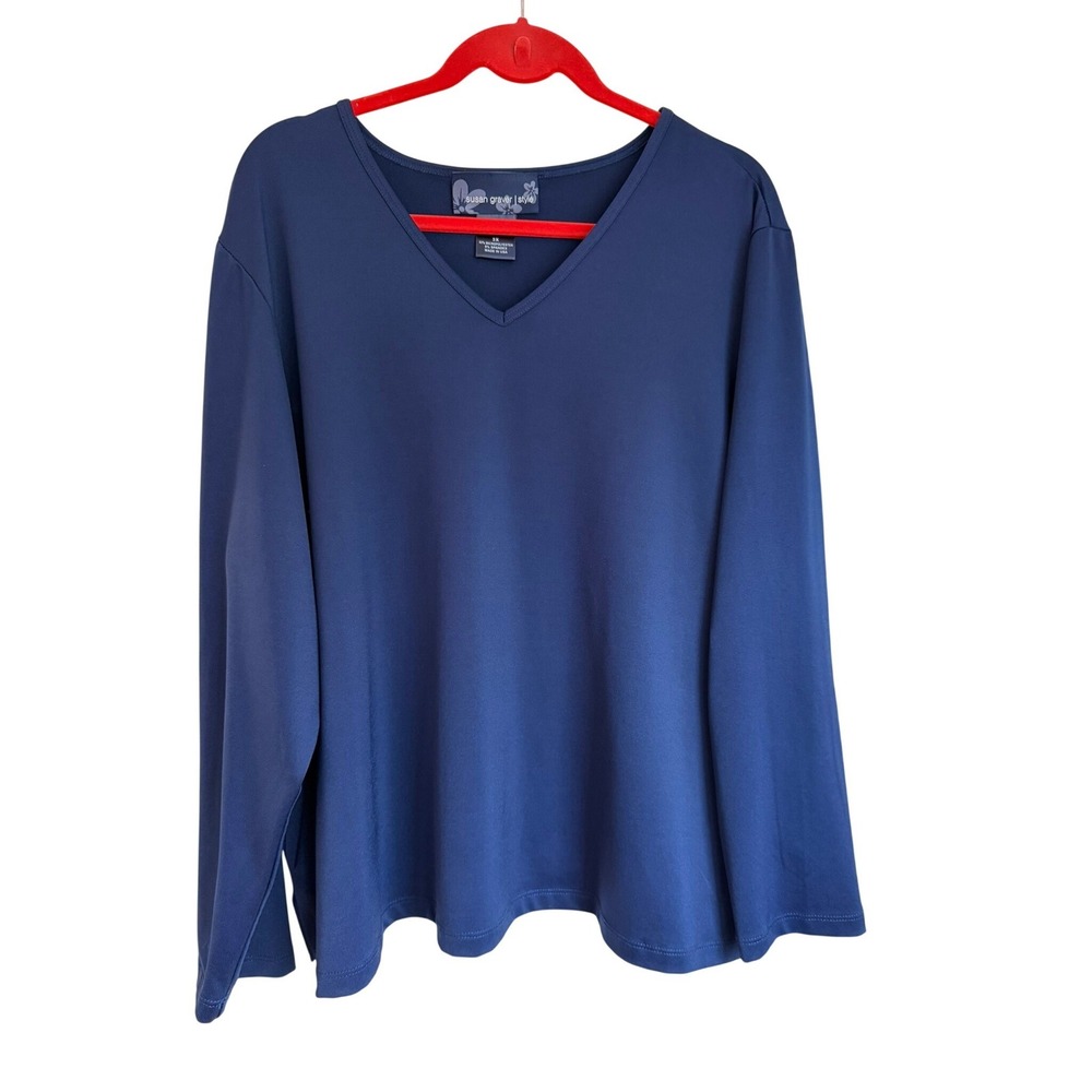 Susan Graver Style Navy Blue Liquid Knit V-Neck Long Sleeve‎ Top 3X A68078